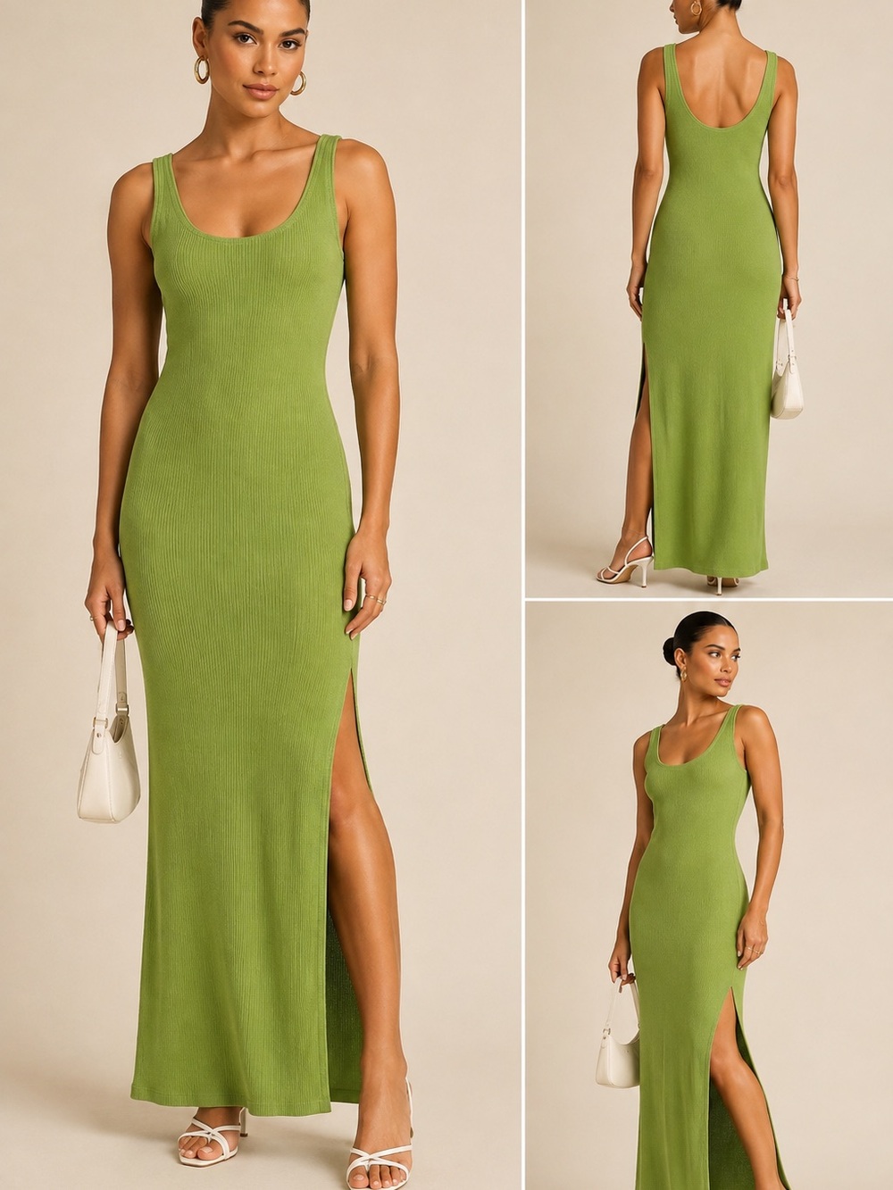 Good American Stretch Rib Knit Maxi Dress Lime Green L NWT